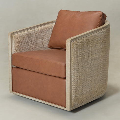 Claude Premium Leather Swivel Cane Chair - Brown Modern Swivel Chair | Swivel Accent Chairs | Kinwell Furniture | Swivel Armchairs